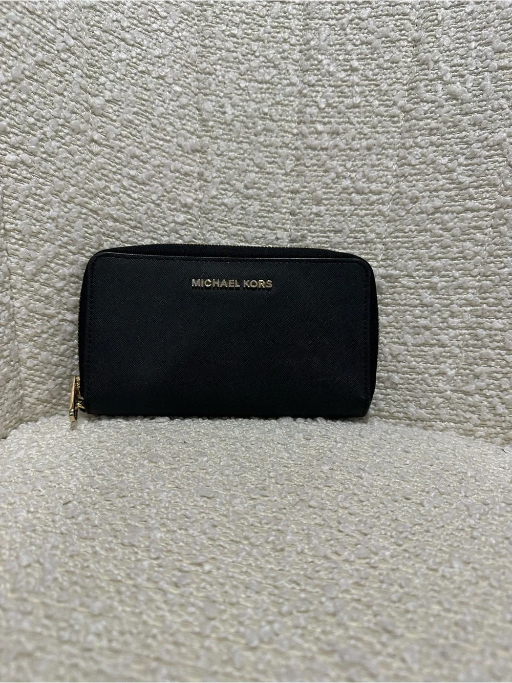 Michael Kors Black Saffiano Zip Card Holder with Gold Logo
